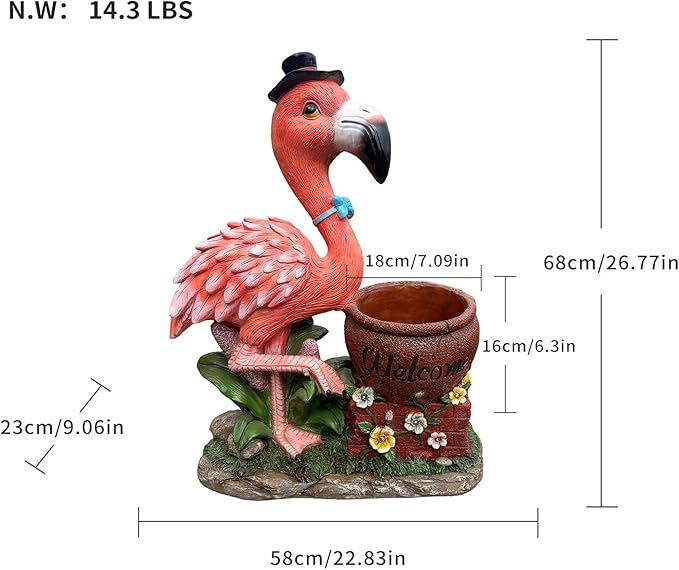 Flamingo Garden Statue Planter with Welcome Sign & Solar LED Light, Waterproof Outdoor Resin Yard Decor, Front Porch Ornament Housewarming Gift(Left Pink Flamingo)