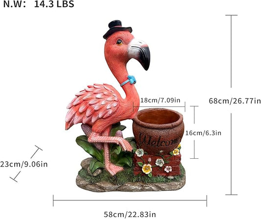 Flamingo Garden Statue Planter with Welcome Sign & Solar LED Light, Waterproof Outdoor Resin Yard Decor, Front Porch Ornament Housewarming Gift(Left Pink Flamingo)