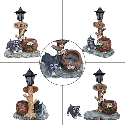 Solar Light Animal Outdoor Statue Planter with Welcome Sign, Resin Garden Sculpture Flower Pot for Patio Lawn Porch Yard Courtyard Decor, Weather-Resistant Decorative Figurine Accent (A)