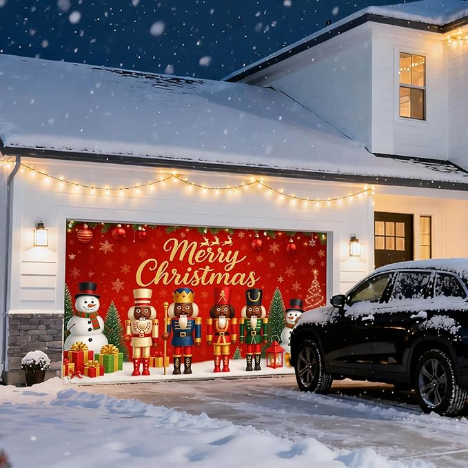 IVN Christmas Garage Door Banner 13x6ft Black Nutcracker Christmas Porch Banner Decorations Snowman Merry Christmas Garage Door Cover Decoration Home Door Front Yard Decor for Xmas Eve Holiday Outdoor