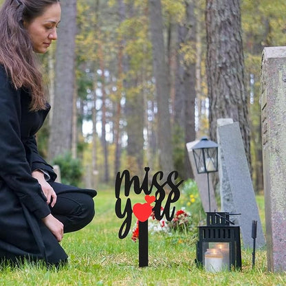 Memorial Grave Stake, Miss You Red Heart Grave Marker, 13.8x7.9in Grave Decorations for Cemetery, Metal Cemetery Decorations for Grave Yard Garden, Remembrance Grave Plaque for Mom Dad Friends