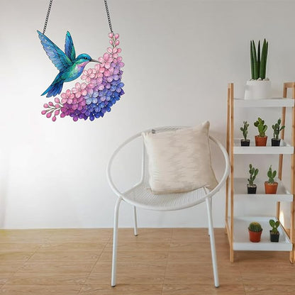 Stained Glass Window Hanging Suncatcher Hummingbird with Flowers Bird Sun Catcher Wall Decor for Bedroom Pink Room Decor Gifts for Mom, Bird Lovers, Friends