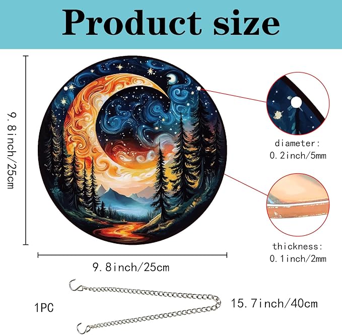 CREATCABIN Moon Window Hanging Acrylic Window Suncatchers Celestial Tree Stained Sun Catcher Decor Ornament with Chain Round Panel Wall Art for Home Kitchen Living Room Display Gifts 9.8 x 9.8 Inch