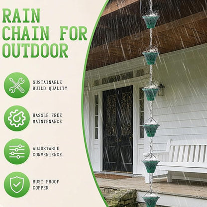 Retro Green Cup Rain Chain, 103.9" Metal Rain Catcher Chain for Gutters, Decorative Outdoor Rain Chain with Distressed Finish, Garden Downspout Diverter Replacement Ornament