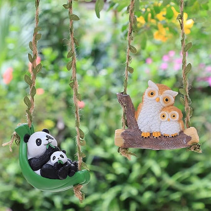 Swing Animals Garden Statue Outdoor Decor, Resin Hanging Animals Figurine Tree Ornaments Yard Art Sculpture for Stump Branch Patio Lawn Decorations (Mom & Baby Panda)