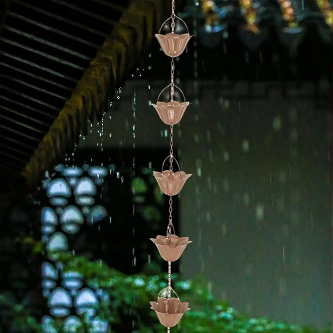 Copper Plated Rain Chain for Outside Downspouts,Adjustable Rain Catcher Chain for Eaves Drainage,Decorative Metal Hanging Flower Spiral Rain Bells(A)