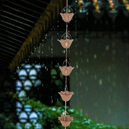 Copper Plated Rain Chain for Outside Downspouts,Adjustable Rain Catcher Chain for Eaves Drainage,Decorative Metal Hanging Flower Spiral Rain Bells(A)