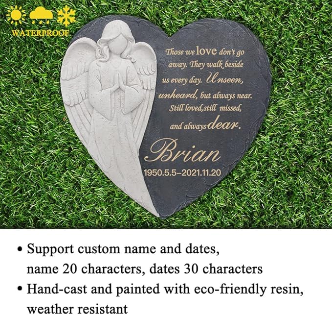 Personalized Garden Memorial Stones for Loved Ones Outside, Angel Memorial Stones Plaques Engraved with Name - Customized Grave Plaques Headstones for Cemetery(Heart)