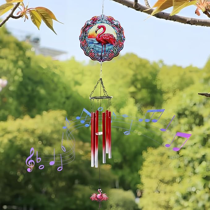 Flamingo Wind Spinner Chimes Outdoor - Hanging Garden Decor with Spinning Flamingo, Metal Wind Chimes for Patio, Yard, Backyard - Birthday Housewarming Gifts for Women/Mom/Grandma