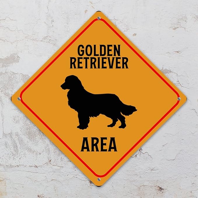 Warning Golden Retriever Area Metal Tin Sign Golden Retriever Dog Caution Crossing Xing Street Sign Yellow Diamond Shape Funny Metal Sign For Indoor Outdoor 12x12in