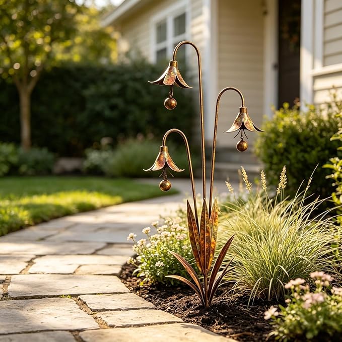 Triple Bluebells Garden Stake, Metal Garden Decor for Outside with Bells, Metal Flower Garden Stakes for Walkways, Patios & Lawn, Metal Flowers Outdoor Decor, Flower Yard Statue Art Decor