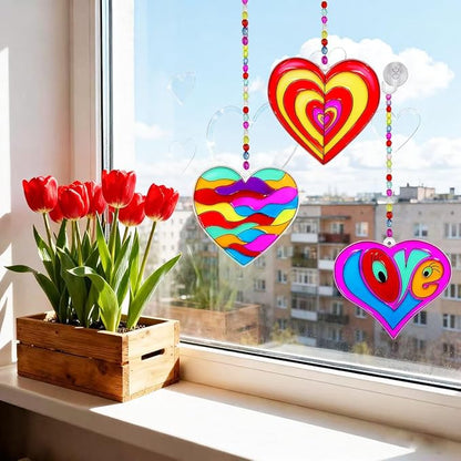 AUEKIV Valentines Suncatcher Crafts Kit 30 Sets Heart Suncatchers Window Art Paint Sun Catcher DIY Craft Kits Heart for Valentine's Day Classroom Activities Party Gift Exchange