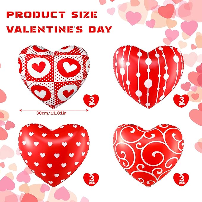 12 Pcs 12 Inch Valentine's Day Inflatable Heart Outdoor Decorations Large Valentine Heart Inflatable Hanging Ornaments PVC Love Outdoor Yard Decor for Wedding Anniversary