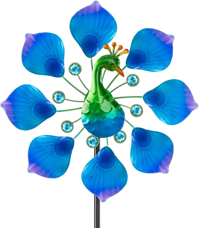 44" Peacock Garden Wind Spinners - Metal Outdoor Stakes Kinetic Wind Spinner Windmills Decor, Wind Sculpture Yard Art Decorations for Patio, Lawn & Garden