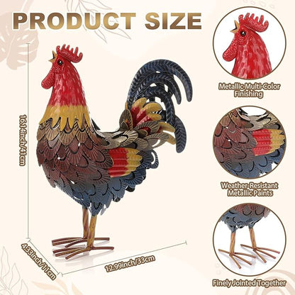 Zhengmy Metal Rooster Garden Statue Lifelike Colorful Metal Rooster Yard Decor Hand-Painted Iron Chicken Sculpture for Patio Lawn Backyard Farmhouse Outdoor Indoor Decoration (Red)