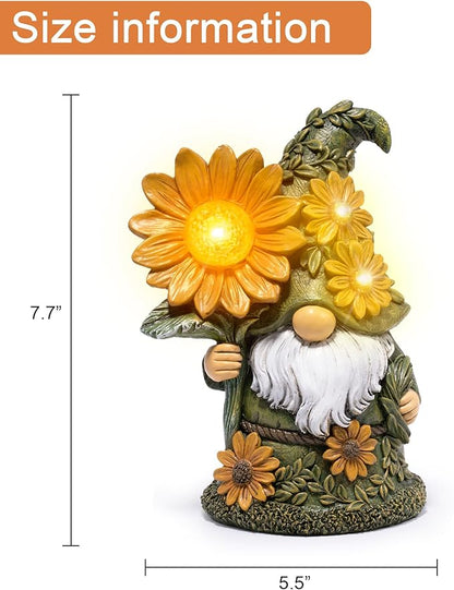 basen Solar Garden Gnome with Glowing Daisy Flower, Outdoor Solar Gnome Figurine for Yard Lawn Patio, Hand-Painted Resin Garden Statue Decor with LED Light for Landscape, Garden Ornament Gift