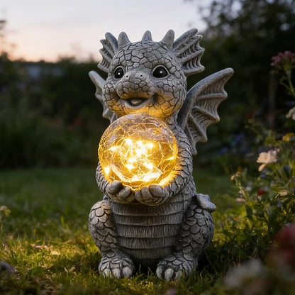 Solar Garden Decorations - Dragon Statue with Crackle Glass Ball Light - Garden Decor for Patio, Yard, Lawn, Pathway, Landescape - Housewarming Gifts - Dragon Gifts for Women Mom Grandmom
