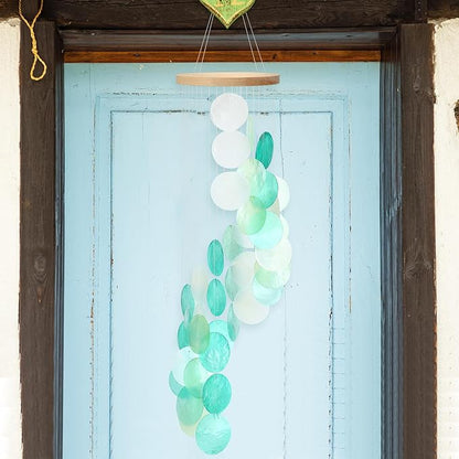 Wenqik Sea Glass Shell Wind Chimes for Outside Seaglass Capiz Windchime Spiral Wind Chimes for Women Beach Holiday Summer Gift Indoor Outdoor Home Housewarming Garden Decor(Light Blue)