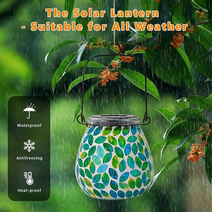 Starsoul 2 Pack Solar Lanterns Outdoor Waterproof, Unique Green Mosaic Glass Solar Garden Lights, Decorative Outdoor Lantern for Outside Patio Pathway Porch Yard Table