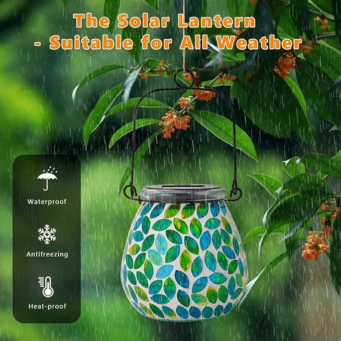 Starsoul Solar Lanterns Outdoor Waterproof, Unique Green Mosaic Glass Solar Garden Lights, Decorative Outdoor Lantern for Outside Patio Pathway Porch Yard Table