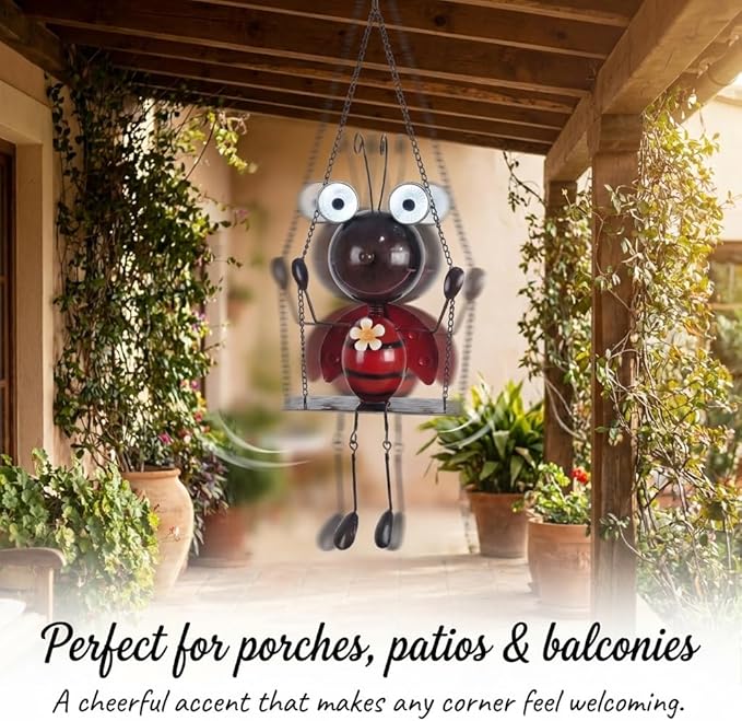 Glowing Ladybug Swing Solar Lights - Adorable Animal Outdoor Garden Decor - Waterproof Solar Lanterns Lamp for Patio Yard Pathway - Gifts for Mom Grandma Women