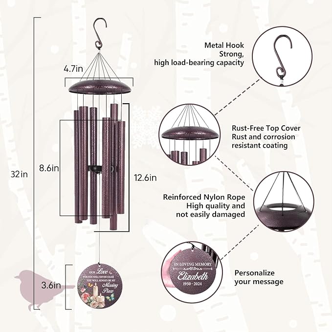 ASTARIN Personalized Memorial 32" Wind Chimes, Bereavement Gifts for Loss of Father Mother, Funeral Remembrance Sympathy Gifts for Loss of Loved One, Patio Wind Chime for Outside, Produced in USA