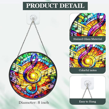 Music Note Stained Glass Window Hanging - Round Musical Suncatcher with Chain, Colorful Glass Ornament for Music Studio Home Garden Decor Gift, 8 Inch