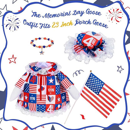 JcHrmers 4th of July Porch Goose Outfits Memorial Day Goose Outfit Fits 23" Plastic Cement Goose Statue Patriotic Goose Costume for USA 250th Anniversary Outdoor Garden Patio Yard Lawn Decor