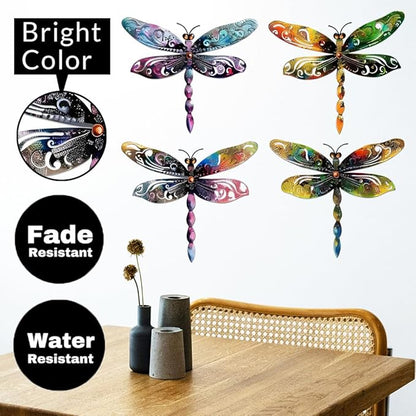 Set of 4 Colorful Dragonfly Metal Sign Art Decor,4Pcs Dragonflies Silhouette Wall Hanging Gifts for Birthday Housewarming,Dragonfly Ornament Decorate for Fence Garden Yard Patio Farmhouse Ranch