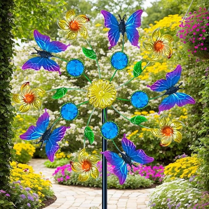44" Butterfly Gem Wind Spinners Garden Stake, Flower Butterfly Wind Sculpture Yard Art Decorations for Lawn,Patio&Yard & Garden Decor, Metal Whirligigs Wind Spinners Outdoor