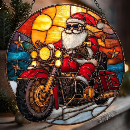Cool Retro Santa Riding Motorcycle Mosaic Acrylic Suncatcher Stained Glass Effect Window Car Hanging Christmas Ornament Indoor Outdoor Decor Garden Sun Catcher Panel for Women Mom Grandma