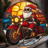 Cool Retro Santa Riding Motorcycle Mosaic Acrylic Suncatcher Stained Glass Effect Window Car Hanging Christmas Ornament Indoor Outdoor Decor Garden Sun Catcher Panel for Women Mom Grandma