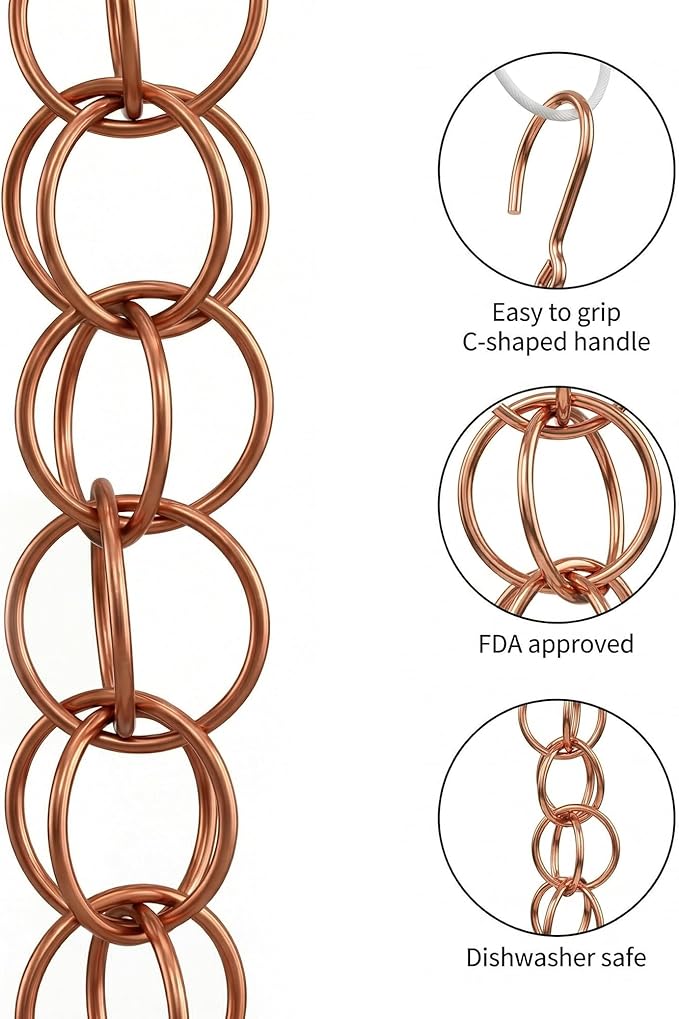 Topadorn Ring Rain Chains Decorative Rain Chain Bell, 7.7FT Metal Double Loop Gutter Downspout Replacement