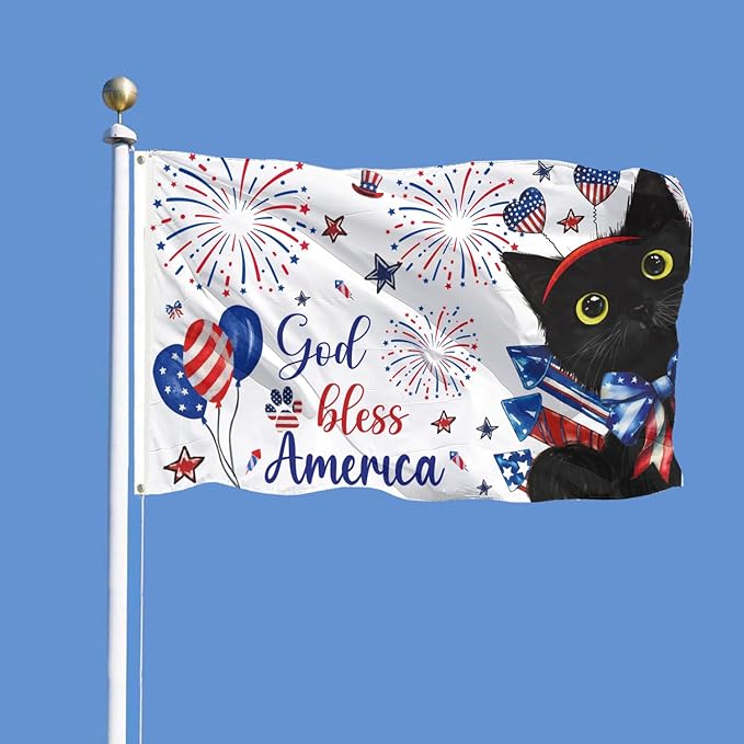 SENSEVEN Summer Black Cat 4th of July Flags for Outside 3x5 Ft,Memorial Day Holiday Flag,Cute Kitten Welcome Outdoor Banner for Porch Lawn Farmhouse Decor