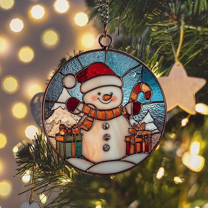 Cute Snowman Giving Presents Mosaic Acrylic Suncatcher Stained Glass Effect Window Car Hanging Christmas Ornament Indoor Outdoor Decor Garden Sun Catcher Panel for Women Mom Grandma