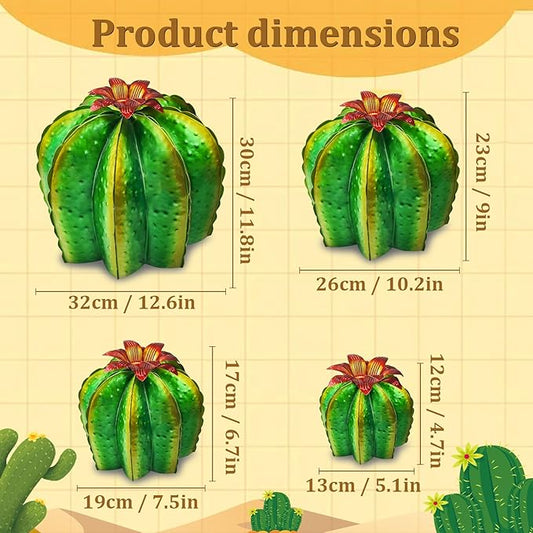 Metal Cactus Yard Art Set of 4 - Hand Painted Barrel Cactus Garden Decor, Metal Cactus Sculptures for Outdoor Patio Lawn, Mexican Style Desert Garden Statues, Housewarming Gift (5"-12.6")