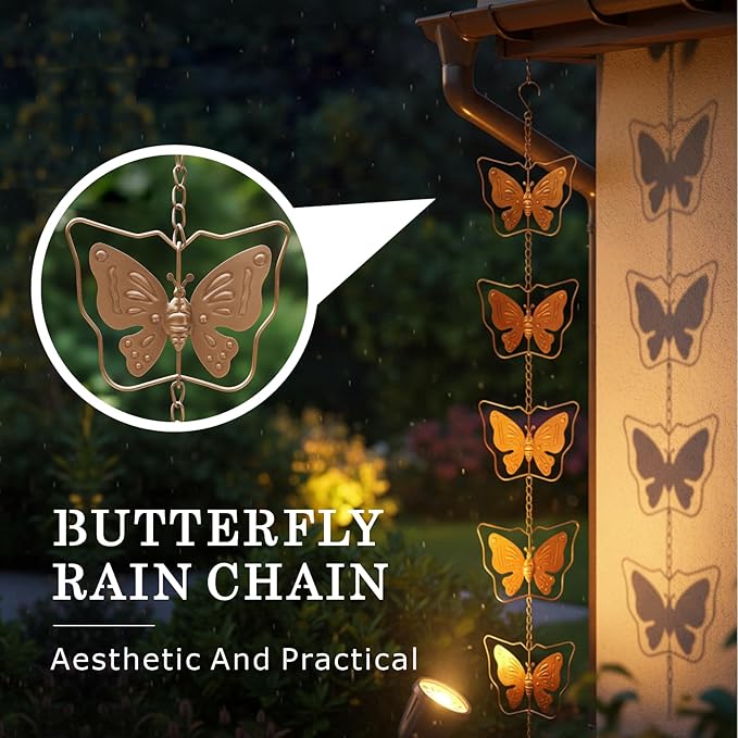 Metal Butterfly Rain Chain for Gutters, Rust Resistant Outdoor Rain Catcher, Perfect for Heavy Rain, Indoor/Outdoor Decoration, Dark Bronze Finish