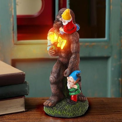 Gorilla Bigfoot Dwarf Bigfoot Sculpture Butterfly Statue with Large Garden Accessories with LED Decorative Gifts 7.5X5.9X13Inch