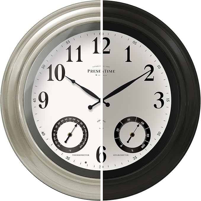 Presentime & Co 24" Jameson Illuminated in/Outdoor Clock, Modern Farmhouse, Self-Illuminated, Waterproof, Weather Station (Thermometer & Hygrometer), Metal Clock, Morning Silver. (Night Light)