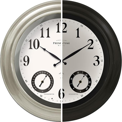 Presentime & Co 24" Jameson Illuminated in/Outdoor Clock, Modern Farmhouse, Self-Illuminated, Waterproof, Weather Station (Thermometer & Hygrometer), Metal Clock, Morning Silver. (Night Light)