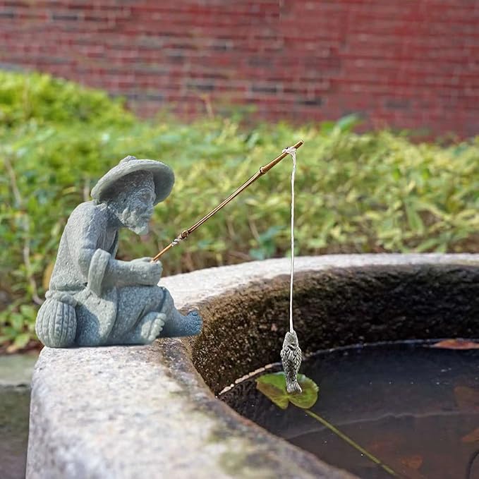 livelyfish Mini Fisherman Statue Asian Zen Decoration Sitting Fishing Figurines Sandstone Vintage Ornament for Aquarium Fish Tank Pot Garden Home Japanese Decor (A)