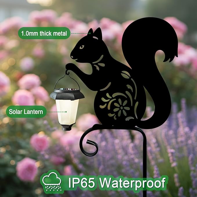 Metal Squirrel Garden Stake, Solar Lights Outdoor Solar-Powered with Lantern-Outdoor Waterproof Pathway and Garden Decorations (Black Squirrel)