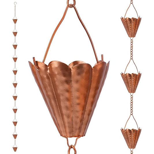 Copper Petal-Shaped Rain Chain, 98.42" Metal Rain Catcher Chain for Gutters, Decorative Outdoor Rain Chain with Hammered Finish, Garden Downspout Extension Replacement Ornament