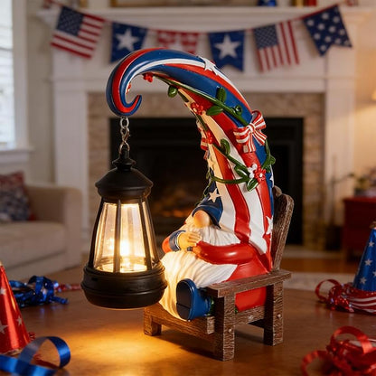 WDS WONDROUS Solar Garden Gnome Statue Decor with LED Lights 4th of July Gnome Decorations for Yard Outdoor Patio Lawn Balcony Decor Birthday Gift for Woman Grandma Outside Independence Day Sulptures