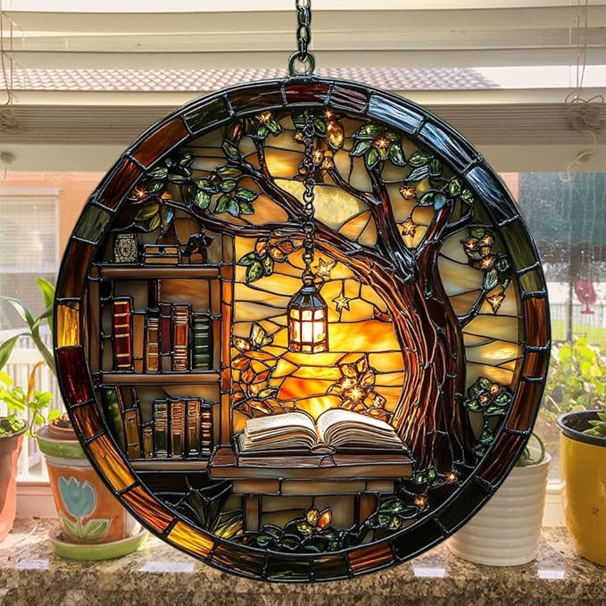 Forest Library Bookshelves Acrylic Suncatcher Stained Glass Effect Window Car Hanging Christmas Ornament Indoor Outdoor Decor Garden Sun Catcher Panel for Book Lover for Women Mom Grandma
