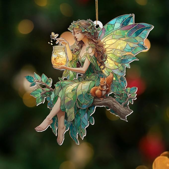 Fairy Stained Glass Acrylic Ornament – Enchanted Forest Fairy with Squirrel, Hanging Window Sun Catcher Decoration, Whimsical Christmas Ornament Gift for Women and Girls (Sun-32)