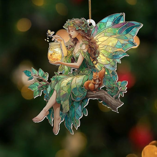 Fairy Stained Glass Acrylic Ornament – Enchanted Forest Fairy with Squirrel, Hanging Window Sun Catcher Decoration, Whimsical Christmas Ornament Gift for Women and Girls (Sun-32)