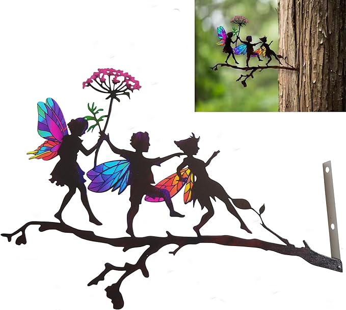 Fairy Metal Garden Tree Stake, Artistic Crafts for Home Garden, Silhouette Plaque Sculpture, Metal Yard Art, Gift Patio Decor, Outdoor Art Decoration