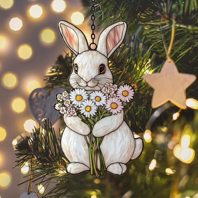 Whimsical Pastel Floral Bunny Mosaic Acrylic Suncatcher Stained Glass Effect Window Car Hanging Christmas Ornament Indoor Outdoor Decor Garden Sun Catcher Panel for Easter Lover for Women Mom Grandma