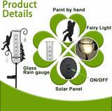 J-Fly Solar Light Rain Gauge, Black Metal Sasquatch Design with Glass Tube, 7 Inch Decorative Garden Stake for Outdoor Weather Measurement, Yard Decor
